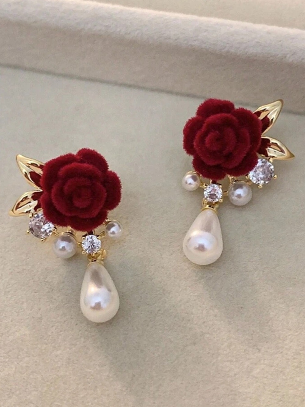 Red Rose Pearl Drop Earrings - Elegant Floral Studs
